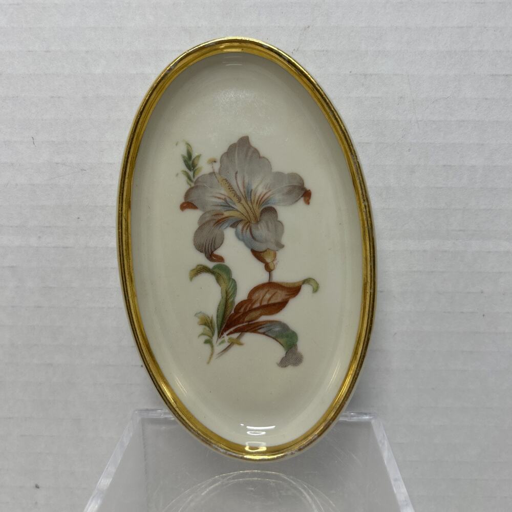 Vtg Danmark Porcelain Oval Trinket 4.5" Dish Hibiscus Flower Gold Trim